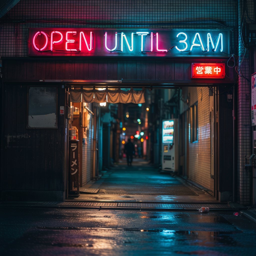 Ideogram output: neon sign reading OPEN UNTIL 3AM